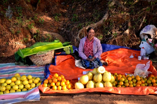 A lady selling fruit ont eh side of the Mogok - Mandalay road ...